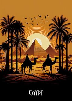 two people riding on camels in front of the pyramids and palm trees at sunset