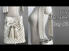 a crocheted bag hanging from a mannequin's torso with text overlay that says, diy macrame bag 3