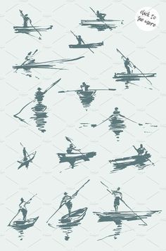 the silhouettes of people in canoes and kayaks are drawn with ink on paper