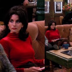 two women in red sweaters sitting on couches and one woman with black hair