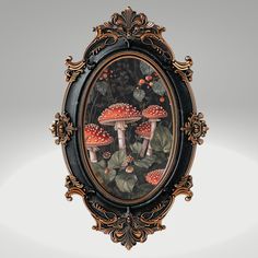 an ornate frame with mushrooms and leaves painted on it