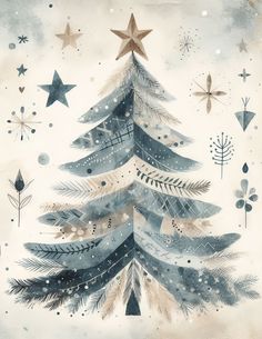 a watercolor christmas tree with stars on it