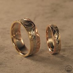 Hawaiian ring made of three tone 14K Gold, perfect for couples who love Hawaiian tropical flower and scroll design. Made in Hawaii. Couple Ring Designs Gold, Wedding Ring For Couple, Couple Rings Design Unique, Real Gold Rings, Hawaiian Ring, Hawaiian Heirloom Jewelry, Couple Ring Design, Unique Promise Rings, Two Tone Ring