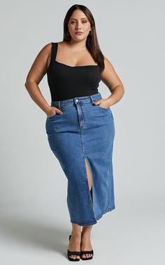 Trendy Stretch Blue Denim Skirt, Trendy Denim Blue Midi Skirt, Trendy Relaxed Denim Blue Skirt, Trendy Denim Midi Skirt, Trendy Stretch Denim Skirt, Trendy Stretch Denim Blue Skirt, Trendy Stretch Denim Blue Denim Skirt, Trendy Stretch Denim Skirt In Denim Blue, Trendy Medium Wash Lined Skirt