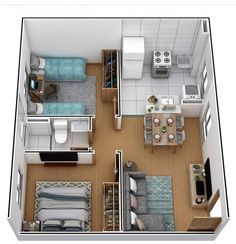 the floor plan of a small apartment with one bedroom, two and three bath areas