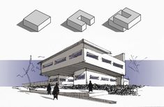 an architectural drawing of a building with three cubes above it and people walking by