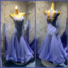 two pictures of a dress on display in a store window, one is blue and the other is purple