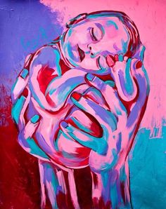 a painting of a woman holding a baby in her arms with pink and blue background