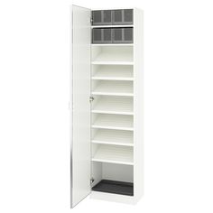 an empty white cabinet with shelves and bins on the bottom, in front of a white background