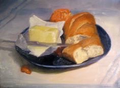 a painting of bread and butter on a blue plate with some oranges next to it