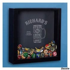 a shadow box with some beer bottle caps in it and the words, the johnsons