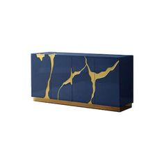 a blue and gold sideboard with an abstract design on the front, against a white background