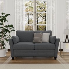 a living room scene with focus on the couch and window in the backround