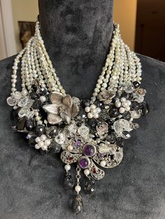 "This beauty is a one of a kind for sure !  All findings  and anything silver has been tested and is 925  sterling , all gem stones also tested and are genuine with baroque pearls adorning the bib it's suspended from   This is a collectors dream showing detail to every inch. The gemstones are amethyst and tourmaline in the butterfly and most all of the clear gems around the entire bib are registering as amethyst although clear.  The crystals are amazing !! This is truly a fabulous piece of artwork hallmark tag says \"jessie\"  In my research i did not find another like it any place.     Shipping with insurance will be provided." Silver Crystal Pearl Necklace Gift, Silver Crystal Pearl Necklace As A Gift, Silver Crystal Pearl Necklace For Gift, Party Jewelry With Pearl Pendant And Crystal, Elegant Multi-strand Beaded Necklaces With Gemstones, Elegant Multi-strand Gemstone Beaded Necklace, Elegant Multi-strand Gemstone Necklaces, Luxury Multi-strand Pearl Jewelry, Elegant Handmade Multi-strand Necklace