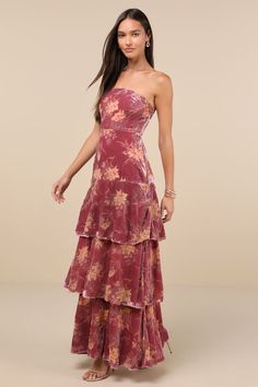 No one will be able to forget how oh-so captivating you are in the Lulus Real Allure Rose Pink Floral Burnout Velvet Strapless Maxi Dress! Plush luxe velvet, with a burnout floral print throughout, shapes this stunning dress with a straight strapless neckline (with hidden no-slip strips) and a princess-seamed bodice with supportive side boning. High, fitted waist sits atop a cascading tiered skirt that falls to a sweeping maxi hem. Hidden back zipper/clasp. Fit: This garment fits true to size. L Velvet Strapless Dress, Velvet Maxi Dress, Burnout Velvet, Velvet Maxi, Strapless Neckline, Maxi Skirt Dress, Adhesive Bra, Strapless Maxi, Strapless Maxi Dress