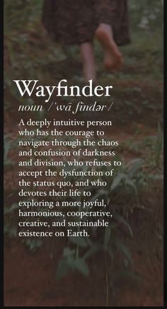 a woman walking through a forest with the words wayfinderr on it