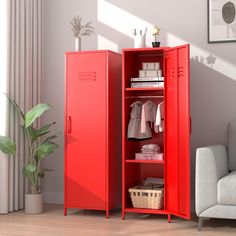 a red locker next to a couch in a room