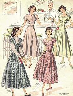 Vintage Fashion Sketches, Vintage Clothes Patterns, Spring Fashions, 1950s Style, Retro Mode