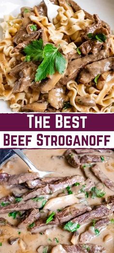 the best beef stroganoni recipe is shown in two different images