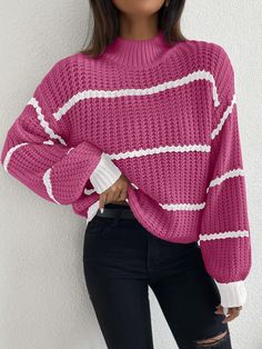 Hot Pink Casual  Long Sleeve Acrylic Striped Pullovers  Slight Stretch Spring/Fall Women Knitwear Crochet Sweater Design, Hot Sweater, Drop Shoulder Sweater, Winter Mode, Crochet Clothes Patterns, Trendy Fashion Outfits, Drop Shoulder Sweaters, Really Cute Outfits