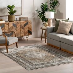 a living room filled with furniture and a rug on top of a hard wood floor