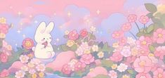 a painting of a white rabbit sitting in the middle of pink flowers with stars above it