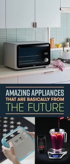 a microwave oven sitting on top of a counter next to a cup and cell phone