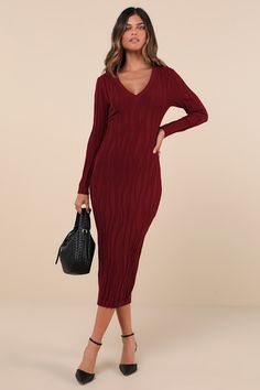 Meet cooler days with a look everyone will admire in the Lulus High Appeal Burgundy Textured V-Neck Midi Sweater Dress! Stretchy sweater knit, with a raised wavy texture throughout, shapes this versatile dress with a classic V-neckline framed by long sleeves. The fitted bodice continues into a figure-skimming column skirt with a modern midi hem. Pair with anything from boots to flats for a must-have look! Fit: This garment fits true to size. Length: Mid-calf length. Bust: Great for any cup size. Waist: Fitted - stretchy fabric allows custom fit. Hip: Fitted - stretchy fabric allows room for hips. Undergarments: May be worn with any standard bra. Fabric: Fabric is very stretchy. Unlined. 50% Viscose, 30% PBT, 20% Nylon. Hand Wash Cold. Do Not Bleach. Line Dry. Iron Low Heat. Imported. Lulus Dresses In Fall, Effortless Style Fall, 10 Ways To Wear, Midi Sweater Dress, Cozy Fall Outfits, Column Skirt, Sweater Dress Midi, Versatile Dresses, Summer Staples