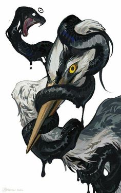 a drawing of a black and white bird with large yellow eyes holding a snake in its beak