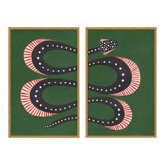 two black and white paintings on green paper with gold trimmings, one in the shape of a snake