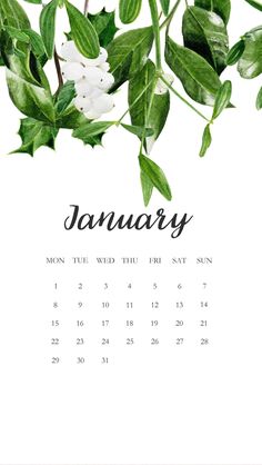 a calendar with flowers on it and the word january written in black ink next to green leaves