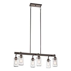 The 6 light linear chandelier features an Olde Bronze® finish and clear seeded glass shades. This fixture uses a 60 watt (max) bulb equivalent, measures a body height of 11.25-in and a width of 15-in and a length of 34-in offers a 111-in of lead wire. For a vintage look, consider using a antique filament bulbs (4071CLR.) Be certain the electric current is turned off before cleaning. Clean metal components with a soft cloth moistened with a mild liquid soap solution. Wipe clean and buff with a ve Light Kitchen Cabinets, Industrial Inspiration, Vintage Industrial Design, Industrial Chandelier, Traditional Farmhouse, How To Clean Metal, Contemporary Chandelier, Chandelier For Sale, Filament Bulb