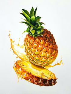 a painting of a pineapple sliced in half with orange juice splashing around it