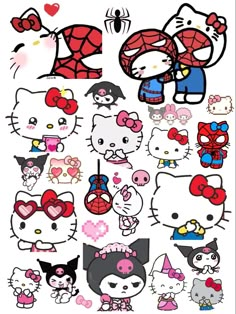 an image of hello kitty and spiderman stickers on a white background with hearts