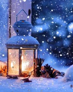 a lit lantern in the snow next to some pine cones and branches with snow flakes on them