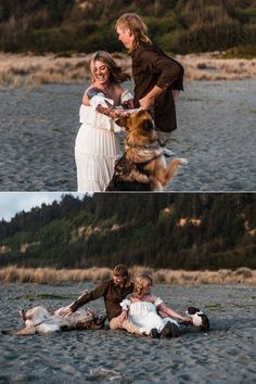 two women and a dog are playing in the water with each other on their backs