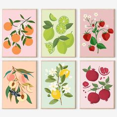 four square prints with fruit and flowers on them in pastel pink, green, yellow, and red