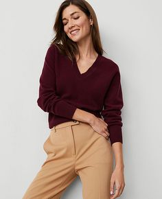 A timeless silhouette in rich hues, our refined cashmere V-neck sweater is a luxe wardrobe must-have. V-neck. Long sleeves. Saddle shoulders. Ribbed neck, cuffs and hem.,Imported:Imported,Fit:Softly fitted,Length:23" long,Fabrication:100% Cashmrere,Garment Care:Dry Clean Only Cashmere V-Neck Sweater by Ann Taylor Size regular - Medium Rich Cranberry Women's 100%, Cashmere, V-Neck, Long, Sleeve, Pullover, Sweaters, 100%, Cashmrere, Dry, Clean, Only Best Fall Sweaters Burgundy Cashmere Sweater, Deep Red Sweater, Tamara Kalinic Outfits, Maroon Sweater Outfit, Burgundy Sweater Outfit, Luxe Wardrobe, Burgandy Sweater, Autumn Palette, Deep Autumn