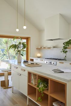 a kitchen with an island, sink and potted plant on the counter top in front of a large window