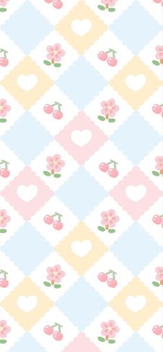 an abstract pattern with flowers and hearts on it's sides, in pastel colors