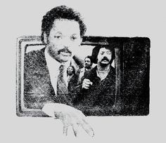 a black and white photo of a man in front of a tv with two men on it