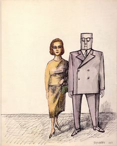 a drawing of a man and woman standing next to each other