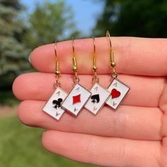 Pair of Playing Card Earrings * Lightweight * Nickel Free and Hypoallergenic * Handmade * Super cute and trendy Novelty Hypoallergenic Drop Earrings, Fun Earrings Unique, Silly Earrings, 23 Outfit, Jewlery Earrings, Crazy Earrings, Partner Cards, Card Earrings, Lucky Earrings