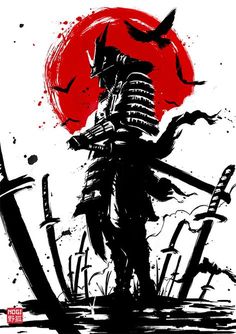 an illustration of a samurai standing in front of a red sun with birds flying over it