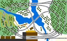 a drawing of a train track with trees and water in the background, along with other tracks