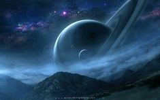 an artist's rendering of two planets in the sky with mountains and stars behind them