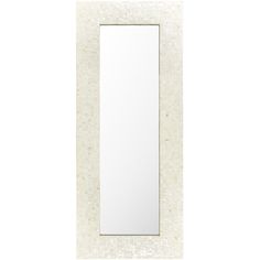 a white rectangular mirror sitting on top of a counter next to a wall mounted shelf