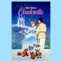 the poster for walt's cinderella is shown in front of an image of princess and prince