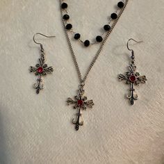 Gothic Cross Pendant Necklace And Earrings. Add A Touch Of Mystery And Elegance To Your Look With This Gothic Vampire Necklace And Earrings Jewelry Set. The Silver And Black Color Combination Gives It A Unique And Edgy Look That Will Make You Stand Out. The Set Includes A Cross-Shaped Pendant Necklace And Matching Earrings, Perfect For Any Occasion. The Necklace And Earrings Are Made Of High-Quality Zinc Alloy With Crystal Accents, Ensuring Durability And Long-Lasting Shine.This Set Is Suitable Alex Core, Gothic Necklaces, Vampire Necklace, Vampire Jewelry, Goth Necklace, Feminine Jewelry, Jewelry Halloween, Gothic Cross, Gothic Vampire