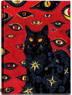 a painting of a black cat surrounded by many stars and moon eyes on red background